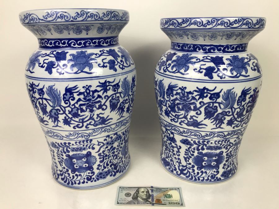 Pair Of Chinese Contemporary Blue And White Stools Pedestals 16H X 9.5W - LJE [Photo 1]