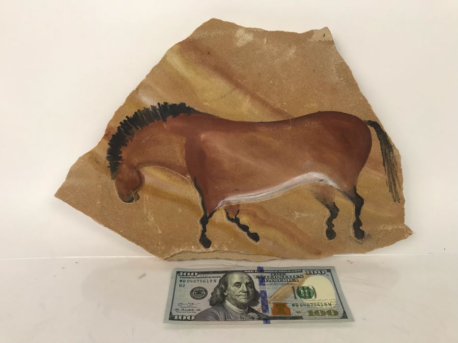 Signed Hand Painted Horse Rock From Lascaux, France Renditon Of Lascaux Cave Paintings - LJE [Photo 1]