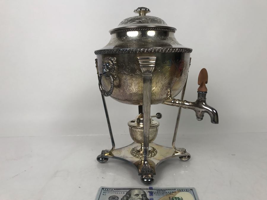 Vintage Ornate English Silverplate Hot Water Tea Urn Footed Samovar 12H - LJE [Photo 3]