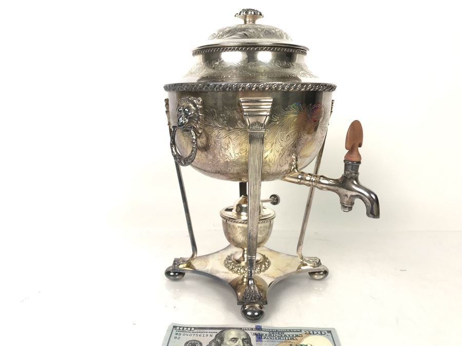 Vintage Ornate English Silverplate Hot Water Tea Urn Footed Samovar 12H - LJE