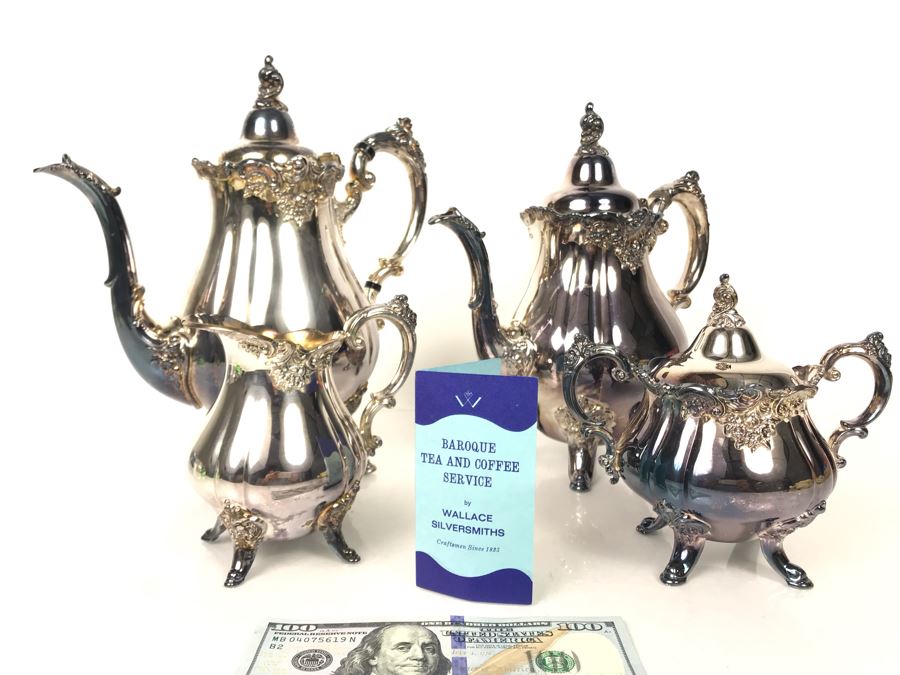 Like New 4-Piece Baroque Tea And Coffee Service By Wallace Silversmiths Silverplate - LJE