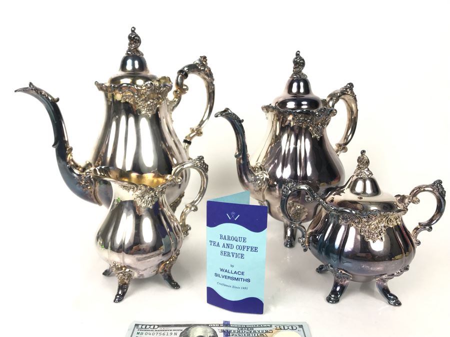 Like New 4-Piece Baroque Tea And Coffee Service By Wallace Silversmiths Silverplate - LJE [Photo 2]