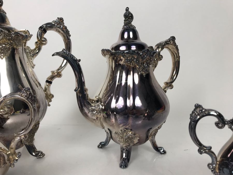 Like New 4-Piece Baroque Tea And Coffee Service By Wallace Silversmiths Silverplate - LJE [Photo 9]
