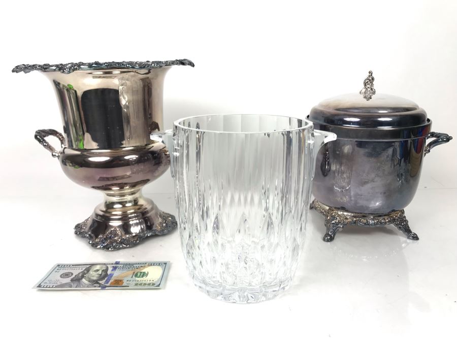 Baroque By Wallace Footed Silverplate Champagne Bucket, Baroque By Wallace Silverplace Footed Ice Bucket And Modern Crystal Ice Bucket - LJE