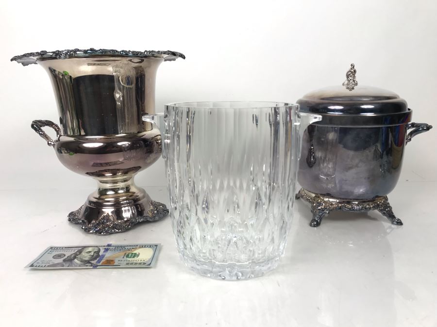 Baroque By Wallace Footed Silverplate Champagne Bucket, Baroque By Wallace Silverplace Footed Ice Bucket And Modern Crystal Ice Bucket - LJE [Photo 2]