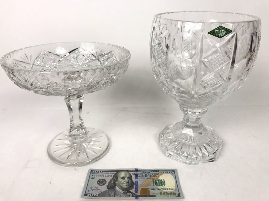 Pair Of Large Footed Crystal Bowls - One Has Shannon Crystal Irish Tag 10H X 6W - LJE [Photo 2]