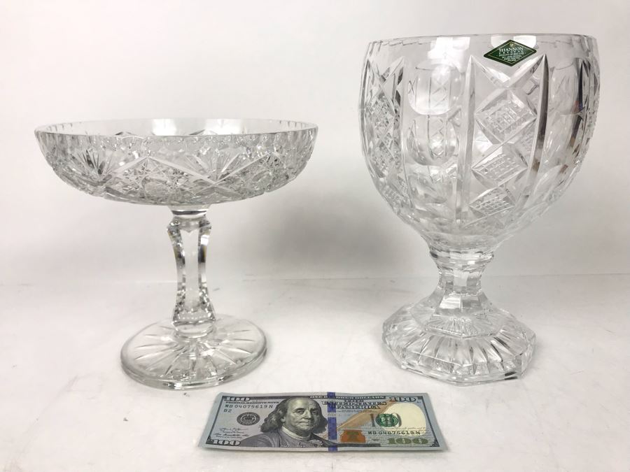 Pair Of Large Footed Crystal Bowls - One Has Shannon Crystal Irish Tag 10H X 6W - LJE [Photo 1]