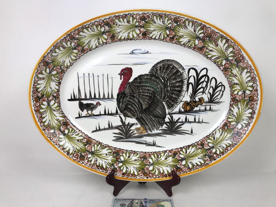 Large Hand Painted Italian Turkey Platter 24L X 17.5W - LJE