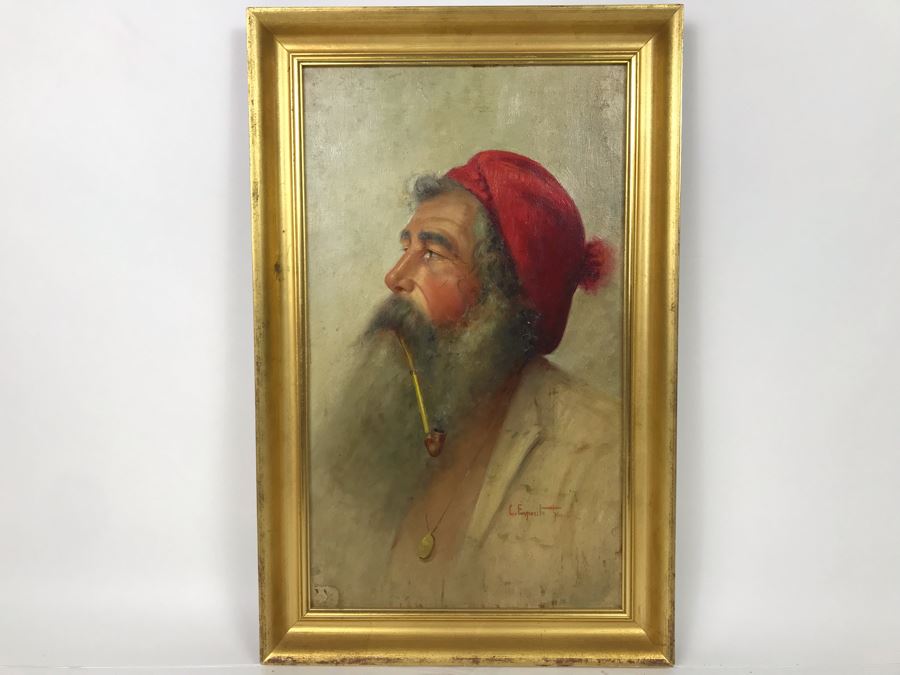 Original Signed Oil Painting On Board Attributed To Gaetano Esposito (1858-1911) Man With Red Cap Smoking Pipe Naples 10.5W X 18H (Board Measurements) - LJE [Photo 2]