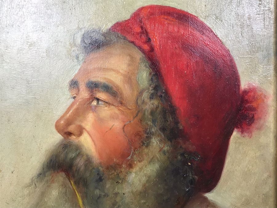 Original Signed Oil Painting On Board Attributed To Gaetano Esposito (1858-1911) Man With Red Cap Smoking Pipe Naples 10.5W X 18H (Board Measurements) - LJE [Photo 7]