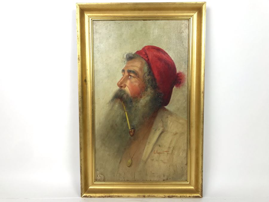 Original Signed Oil Painting On Board Attributed To Gaetano Esposito (1858-1911) Man With Red Cap Smoking Pipe Naples 10.5W X 18H (Board Measurements) - LJE [Photo 4]