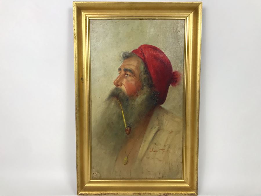 Original Signed Oil Painting On Board Attributed To Gaetano Esposito (1858-1911) Man With Red Cap Smoking Pipe Naples 10.5W X 18H (Board Measurements) - LJE [Photo 3]