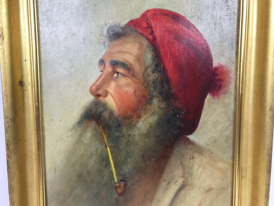 Original Signed Oil Painting On Board Attributed To Gaetano Esposito (1858-1911) Man With Red Cap Smoking Pipe Naples 10.5W X 18H (Board Measurements) - LJE [Photo 6]
