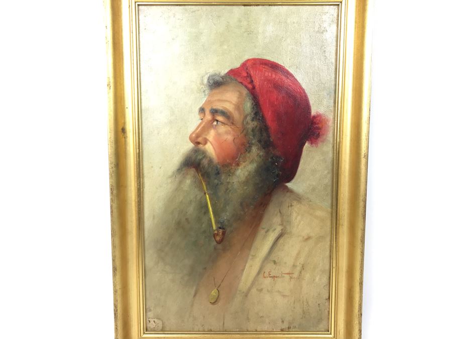 Original Signed Oil Painting On Board Attributed To Gaetano Esposito (1858-1911) Man With Red Cap Smoking Pipe Naples 10.5W X 18H (Board Measurements) - LJE