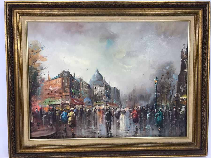 Original Oil Painting On Canvas Of Parisian Street Scene Signed Tesfaye - Needs To Be Reframed 26 X 19 - LJE [Photo 1]