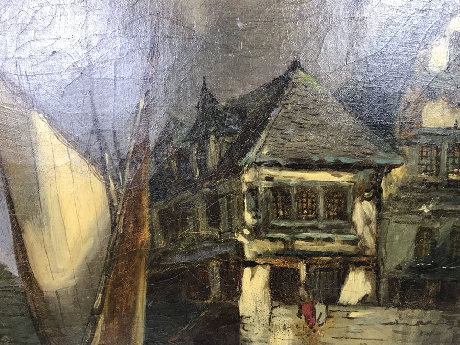 Old Signed Original Painting Of Canal Scene With A. Pierce Label On Back In Wooden Italian Frame - LJE [Photo 4]