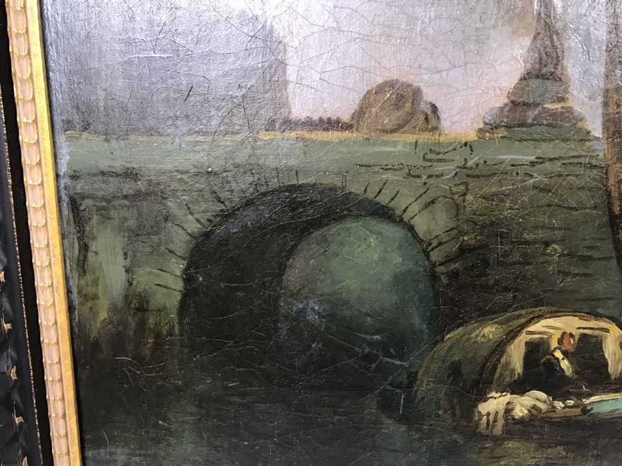 Old Signed Original Painting Of Canal Scene With A. Pierce Label On Back In Wooden Italian Frame - LJE [Photo 7]