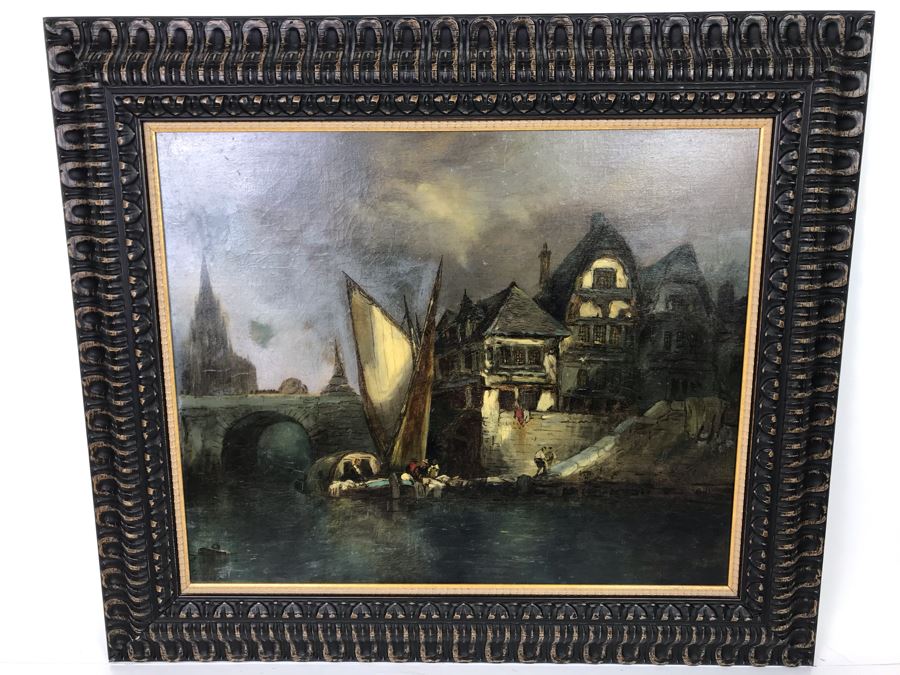 Old Signed Original Painting Of Canal Scene With A. Pierce Label On Back In Wooden Italian Frame - LJE [Photo 1]