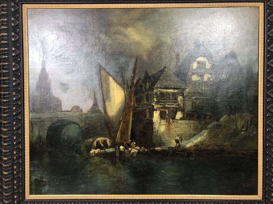 Old Signed Original Painting Of Canal Scene With A. Pierce Label On Back In Wooden Italian Frame - LJE [Photo 18]