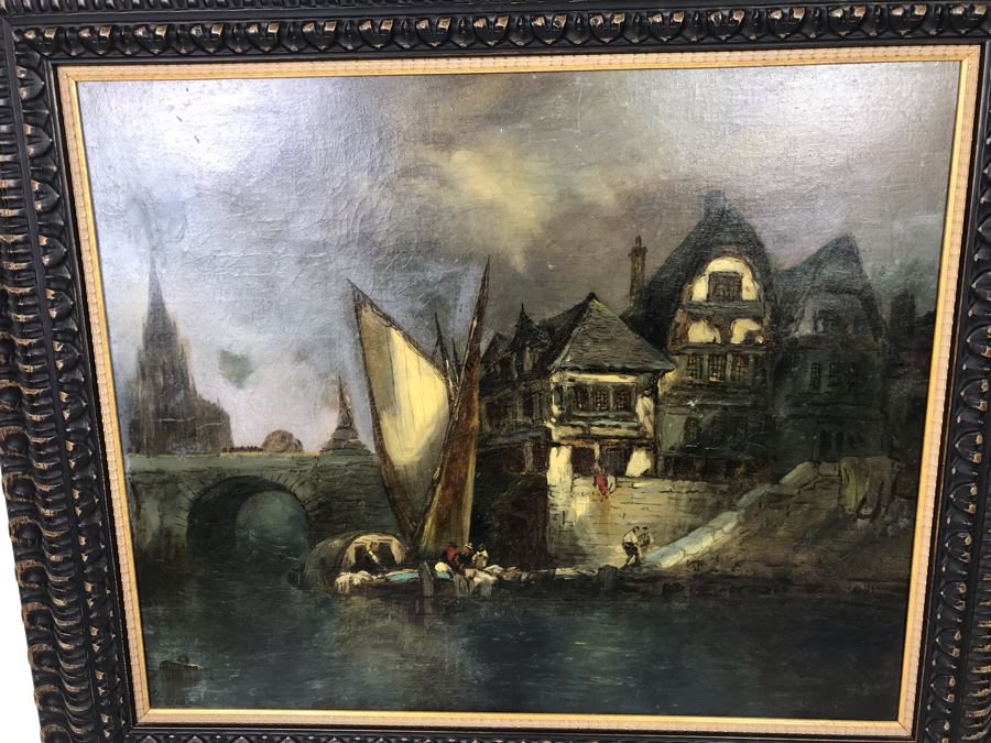 Old Signed Original Painting Of Canal Scene With A. Pierce Label On Back In Wooden Italian Frame - LJE [Photo 2]