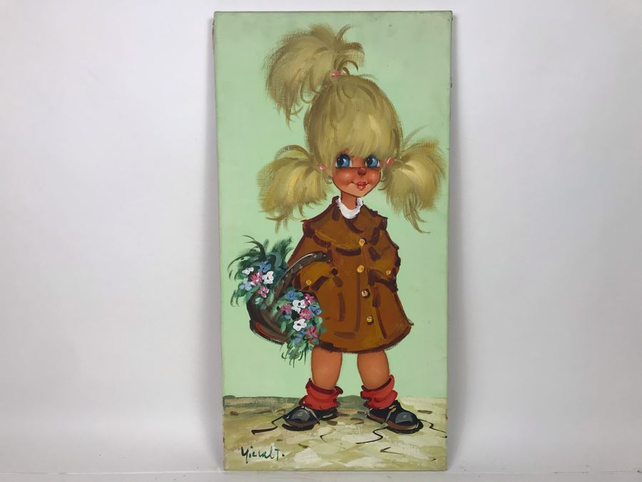 Original Signed Oil Painting On Canvas By Michel T (Thomas) Paris France Big Eye Girl 12 X 24 - LJE [Photo 2]