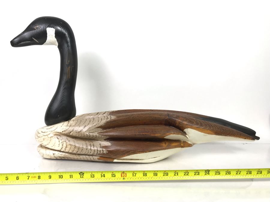 Huge Hand Carved Solid Wood Goose Hand Painted Signed R. Beauchamp Underneath 30L X 17H - LJE