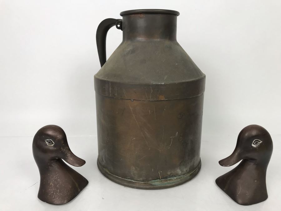 Vintage Large Metal Can With Handle 11.5H And Pair Of Metal Duck Heads - LJE [Photo 6]