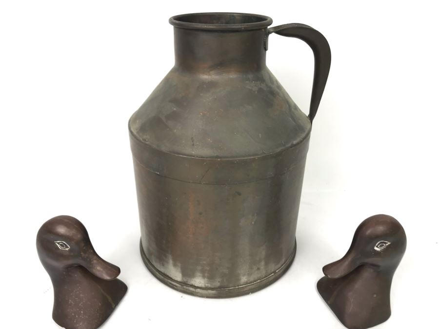 Vintage Large Metal Can With Handle 11.5H And Pair Of Metal Duck Heads - LJE [Photo 3]