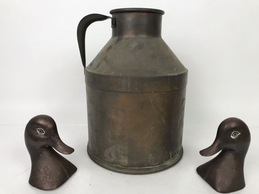 Vintage Large Metal Can With Handle 11.5H And Pair Of Metal Duck Heads - LJE [Photo 7]