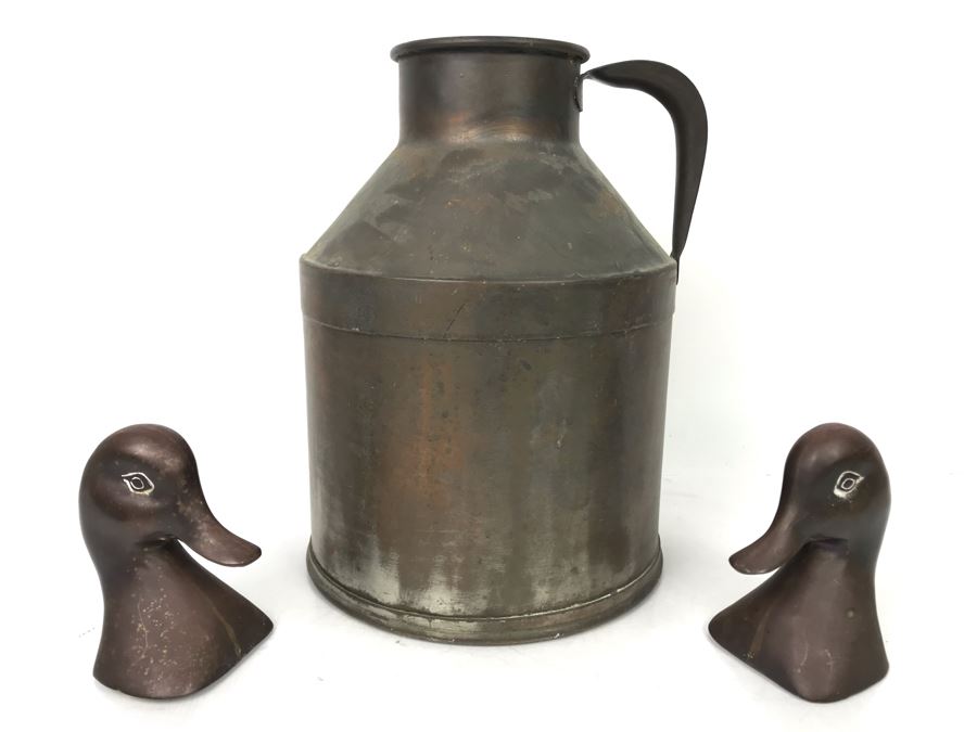 Vintage Large Metal Can With Handle 11.5H And Pair Of Metal Duck Heads - LJE [Photo 1]