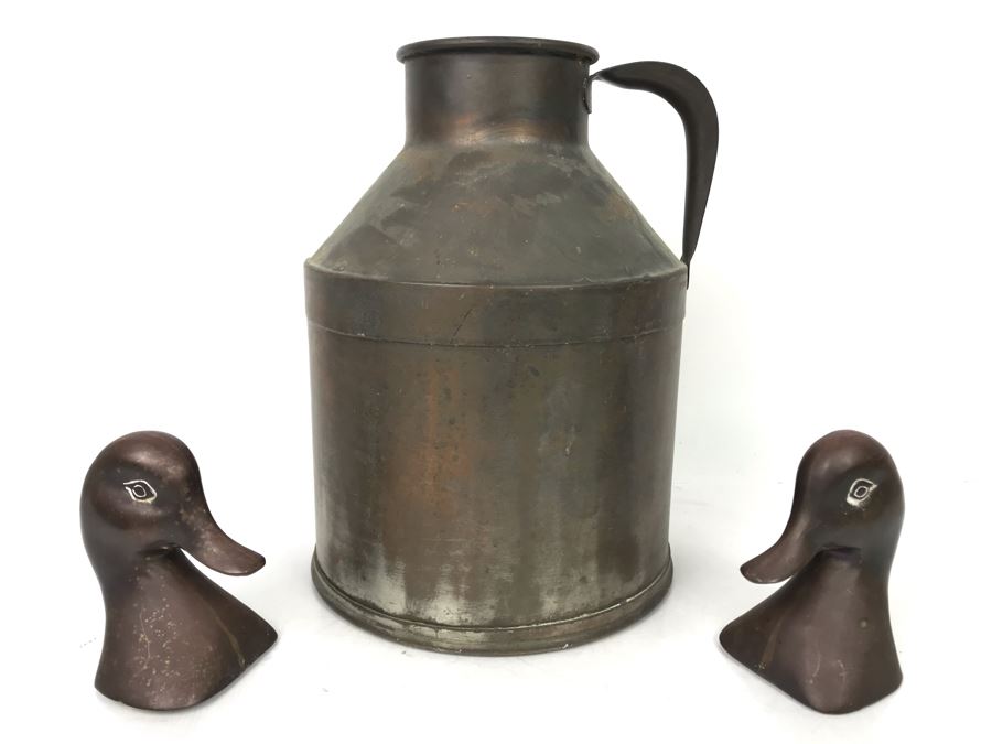 Vintage Large Metal Can With Handle 11.5H And Pair Of Metal Duck Heads - LJE