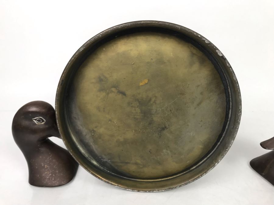 Vintage Large Metal Can With Handle 11.5H And Pair Of Metal Duck Heads - LJE [Photo 8]