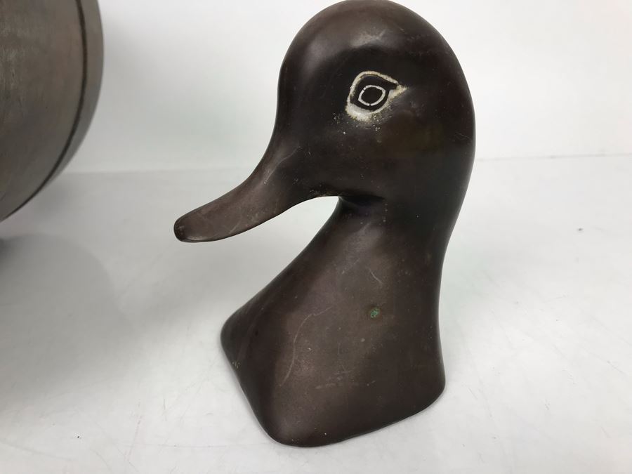 Vintage Large Metal Can With Handle 11.5H And Pair Of Metal Duck Heads - LJE [Photo 9]