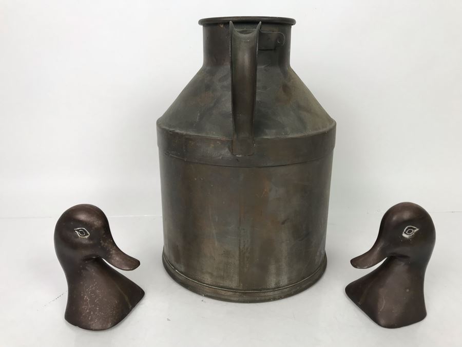 Vintage Large Metal Can With Handle 11.5H And Pair Of Metal Duck Heads - LJE [Photo 5]
