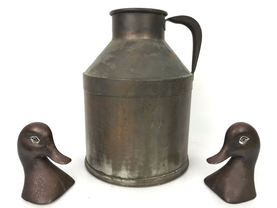 Vintage Large Metal Can With Handle 11.5H And Pair Of Metal Duck Heads - LJE [Photo 2]