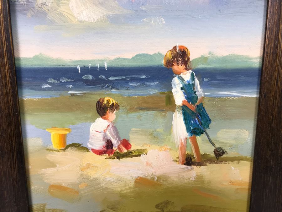 Original Kids On The Beach Oil Painting 15 X 17 Frame - LJE [Photo 3]