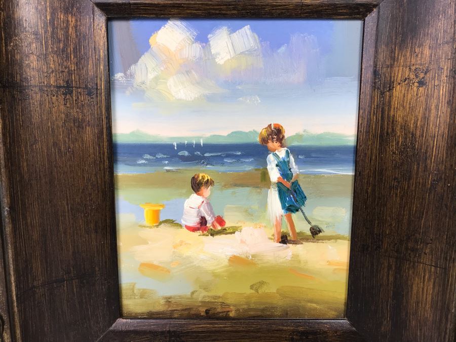 Original Kids On The Beach Oil Painting 15 X 17 Frame - LJE [Photo 2]