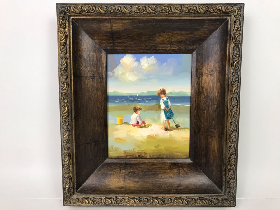 Original Kids On The Beach Oil Painting 15 X 17 Frame - LJE