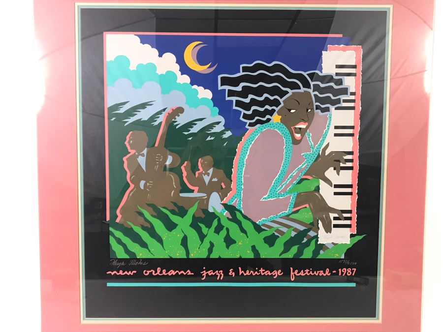 Hand Signed Hugh Ricks Limited Edition New Orleans Jazz & Heritage Festival 1987 In Acrylic Frame 26 X 27 - LJE [Photo 2]