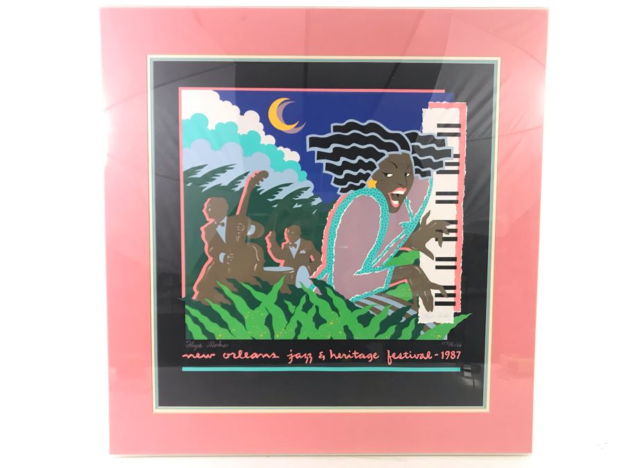 Hand Signed Hugh Ricks Limited Edition New Orleans Jazz & Heritage Festival 1987 In Acrylic Frame 26 X 27 - LJE