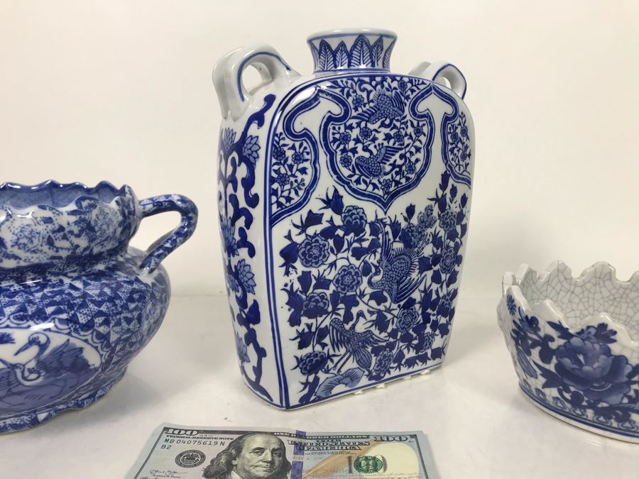Set Of (3) Decorative Chinese Blue And White Bowls And Vessel - Bowl On Right Is Signed - LJE [Photo 3]