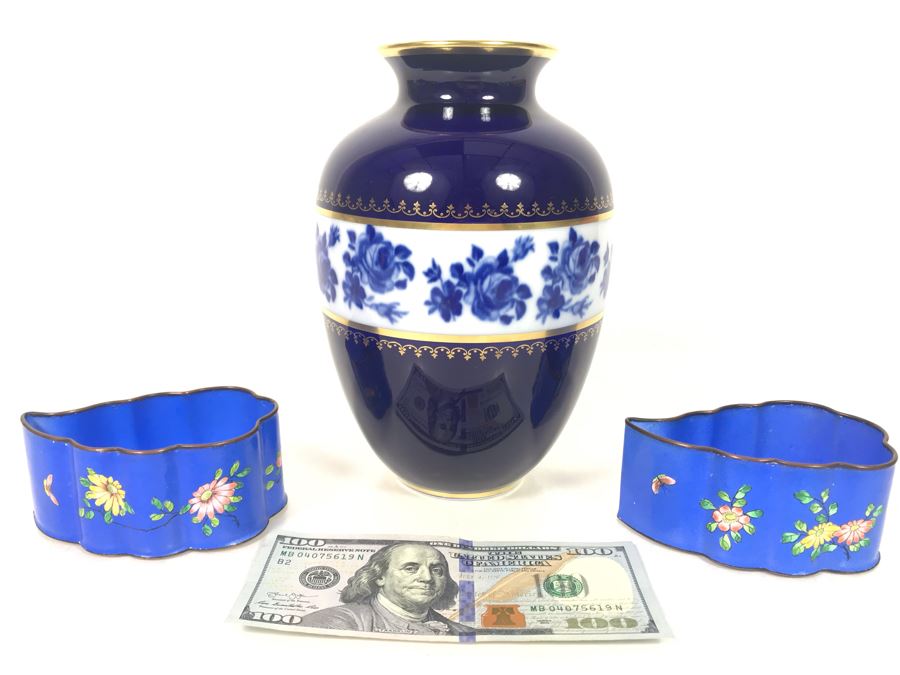Pair Of Chinese Cloisonne Cups And German Royal Porzellan KPM Echt Cobalt Vase 8H - LJE [Photo 1]