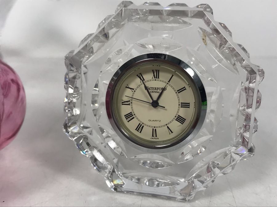 Pair Of Crystal Clocks Including Waterford Clock, Cut Crystal Handled Bowl And Pink Glass - LJE [Photo 2]