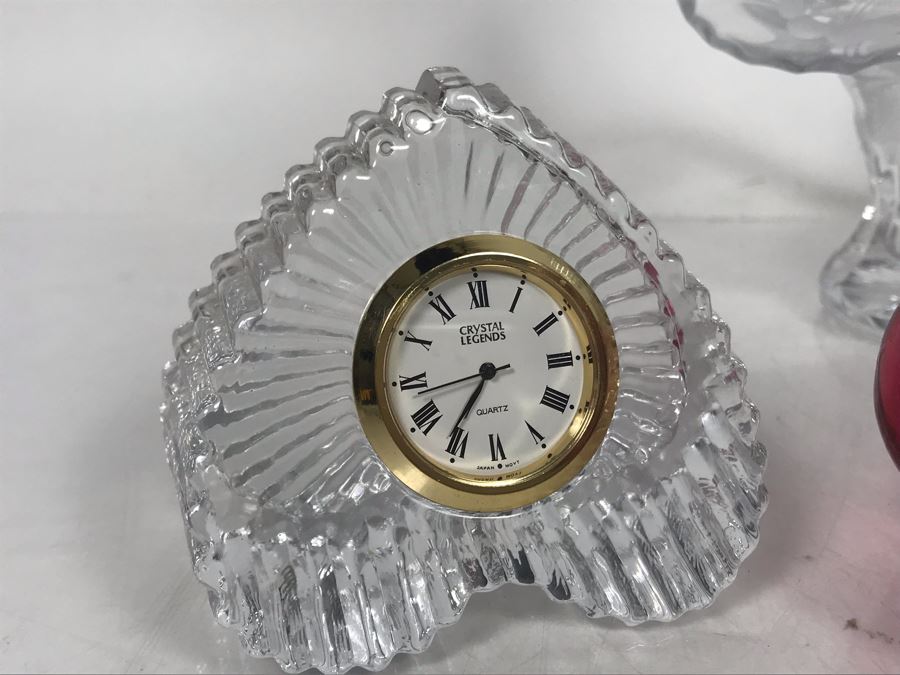 Pair Of Crystal Clocks Including Waterford Clock, Cut Crystal Handled Bowl And Pink Glass - LJE [Photo 3]