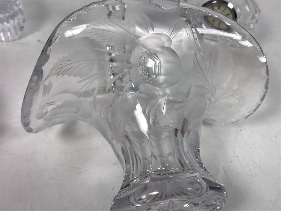 Pair Of Crystal Clocks Including Waterford Clock, Cut Crystal Handled Bowl And Pink Glass - LJE [Photo 7]