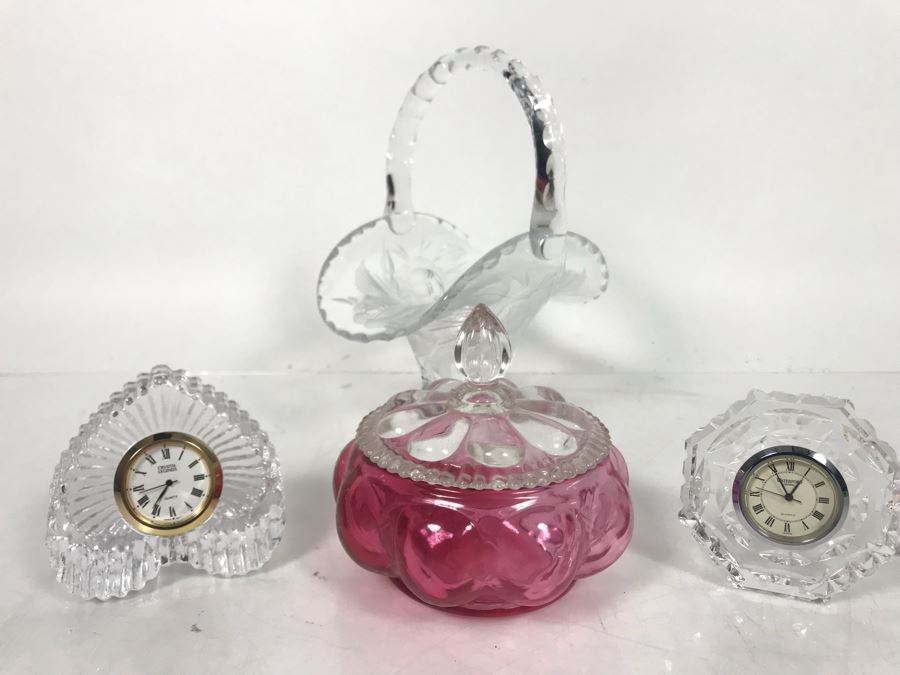 Pair Of Crystal Clocks Including Waterford Clock, Cut Crystal Handled Bowl And Pink Glass - LJE [Photo 1]