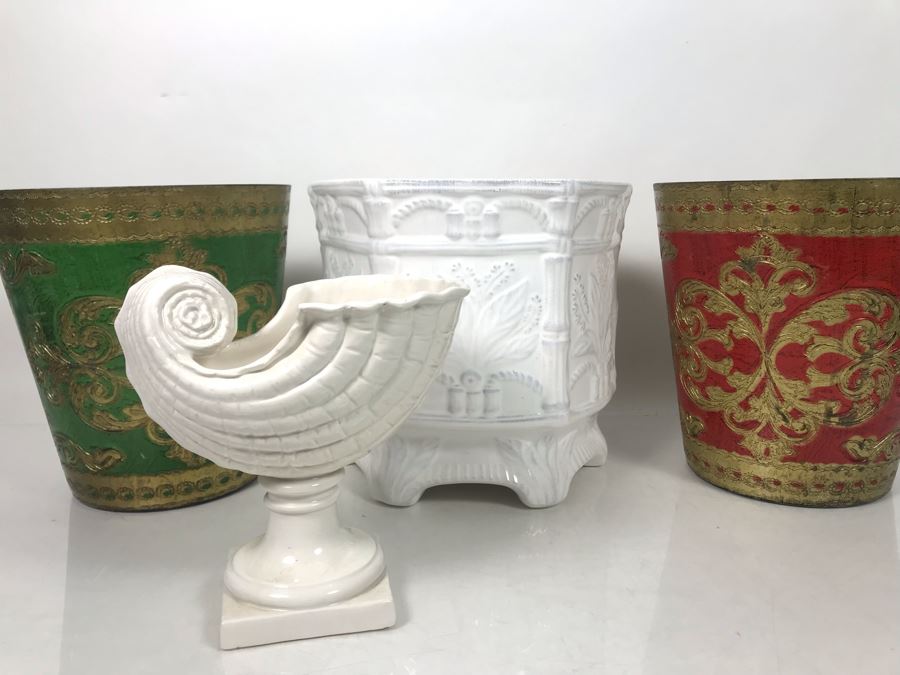 White Italian Footed Shell Bowl, Pair Of Italian Florence Plastic Wastebaskets And White Portugal Gardeners Eden Plant Pot - LJE [Photo 1]