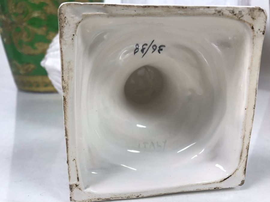 White Italian Footed Shell Bowl, Pair Of Italian Florence Plastic Wastebaskets And White Portugal Gardeners Eden Plant Pot - LJE [Photo 4]