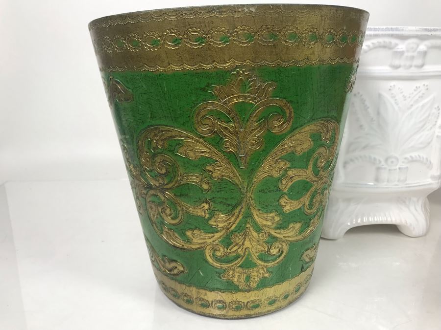 White Italian Footed Shell Bowl, Pair Of Italian Florence Plastic Wastebaskets And White Portugal Gardeners Eden Plant Pot - LJE [Photo 9]