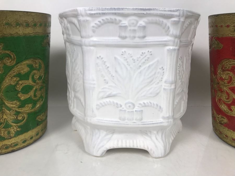 White Italian Footed Shell Bowl, Pair Of Italian Florence Plastic Wastebaskets And White Portugal Gardeners Eden Plant Pot - LJE [Photo 5]